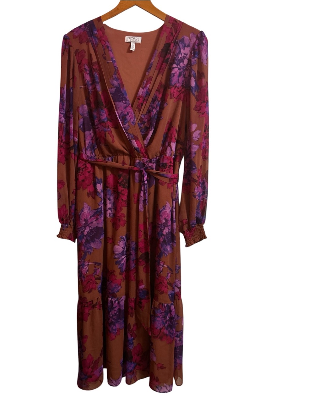 sofia by sofia vergara Brown Floral Wrap Midi Dress with Pink & Purple Blossoms